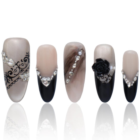 Press On Acrylic Almond Nails Medium Handmade Nails Black Gifts For Women Press On French Tip Nails with False Nails, 15 PCS, Size S
