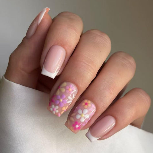 Floral Medium Square Press on Nails Nude Base Pastel Multi color Floral Accents French Tip Details Glossy Finish Reusable Spring Nails Easy Apply Wear Durable Trendy Women Girls Nail Art 24 Pcs