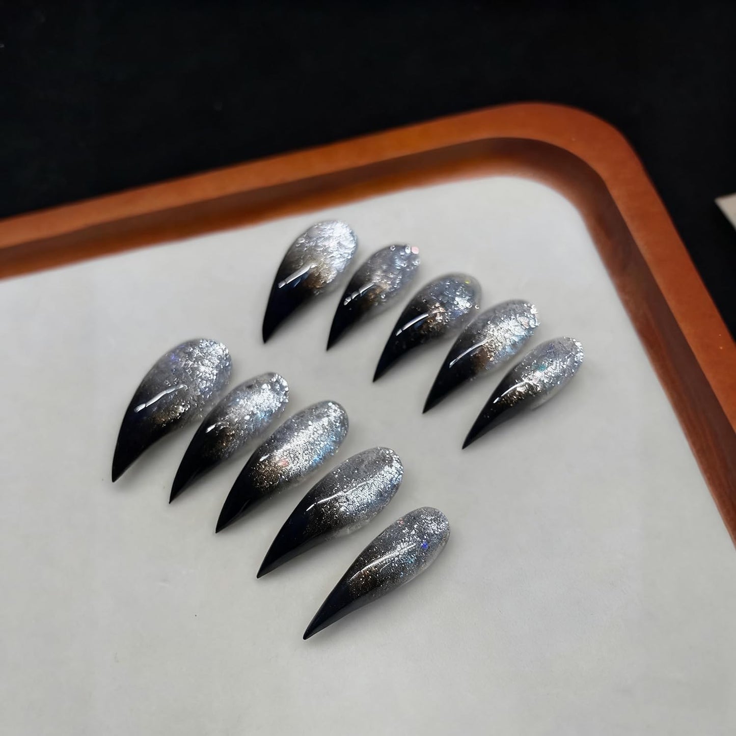 Handmade Press on Nails Silver Glitter Eagle Claw Fake Nails Designs Black French Tip False Nail Full Cover Long Curved Stiletto Stick on Nail Muti-Layer Gel Acrylic Nails for Women (Size S)