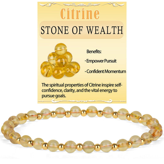 QOGIR Citrine - Stone of Wealth - 14K Gold Plated Beads Natural Gemstone Stretch Elastic Dainty Healing Beaded Bracelets Gifts 4mm