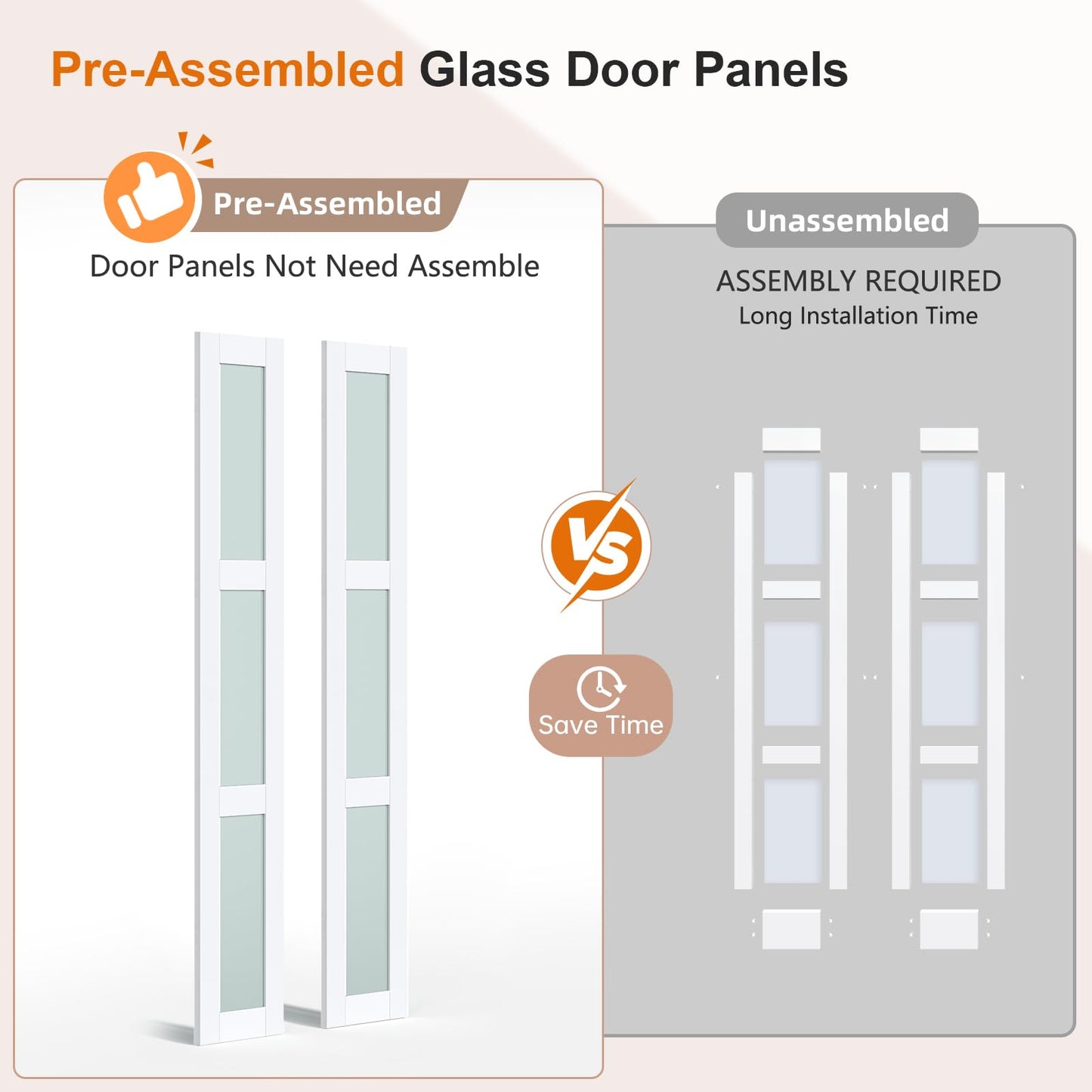 EaseLife Preassembled Bi-Fold Doors, for 32"x 80" Opening,Tempered Frosted Glass Closet Folding Barn Door with Concealed Hardware Kit,MDF Wood Panel,Water-Proof PVC Surface,Easy Installation