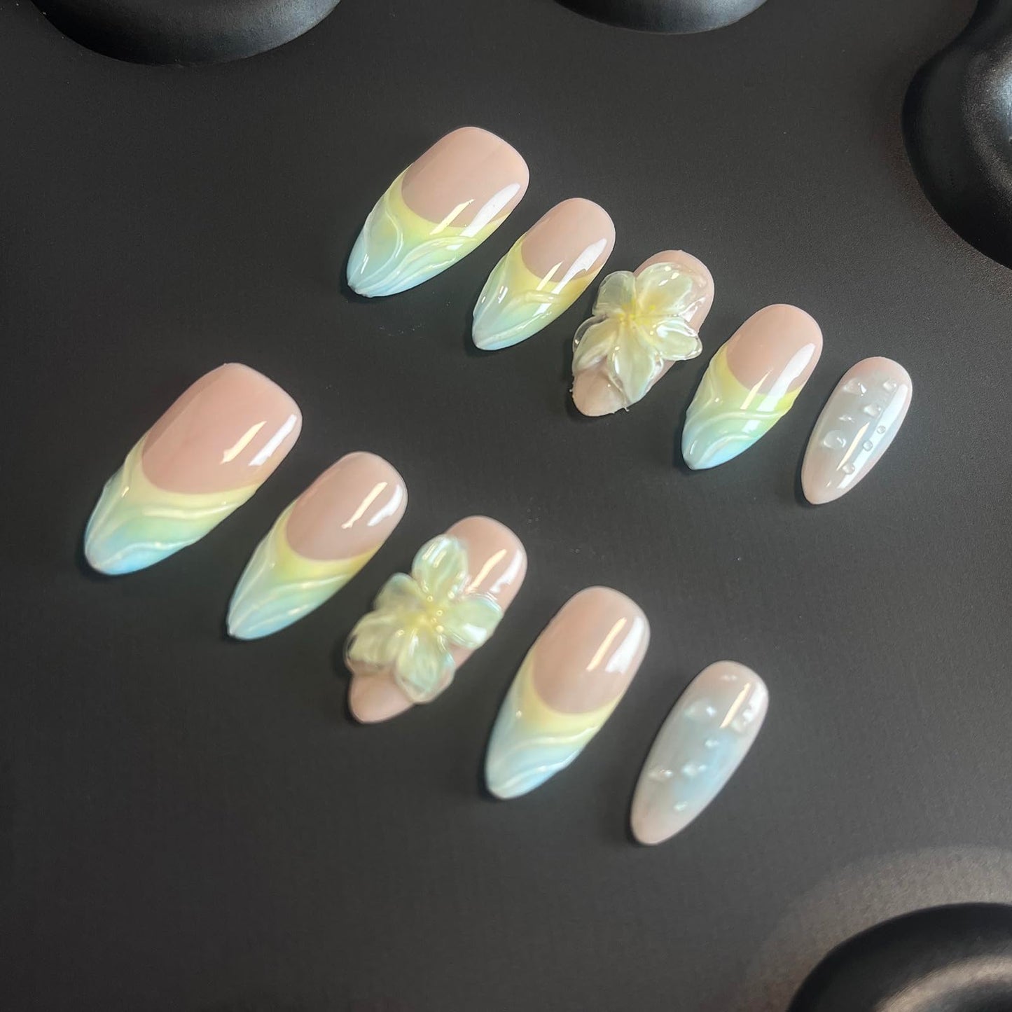 Luxury Press on Nails Medium Almond Handmade 3D Unique Reusable ABS Material Fake Nails Yellow&Blue False Nails with Designs Flower Water Drop Art Petal Glossy Glue on Thick Acrylic Nails(S)