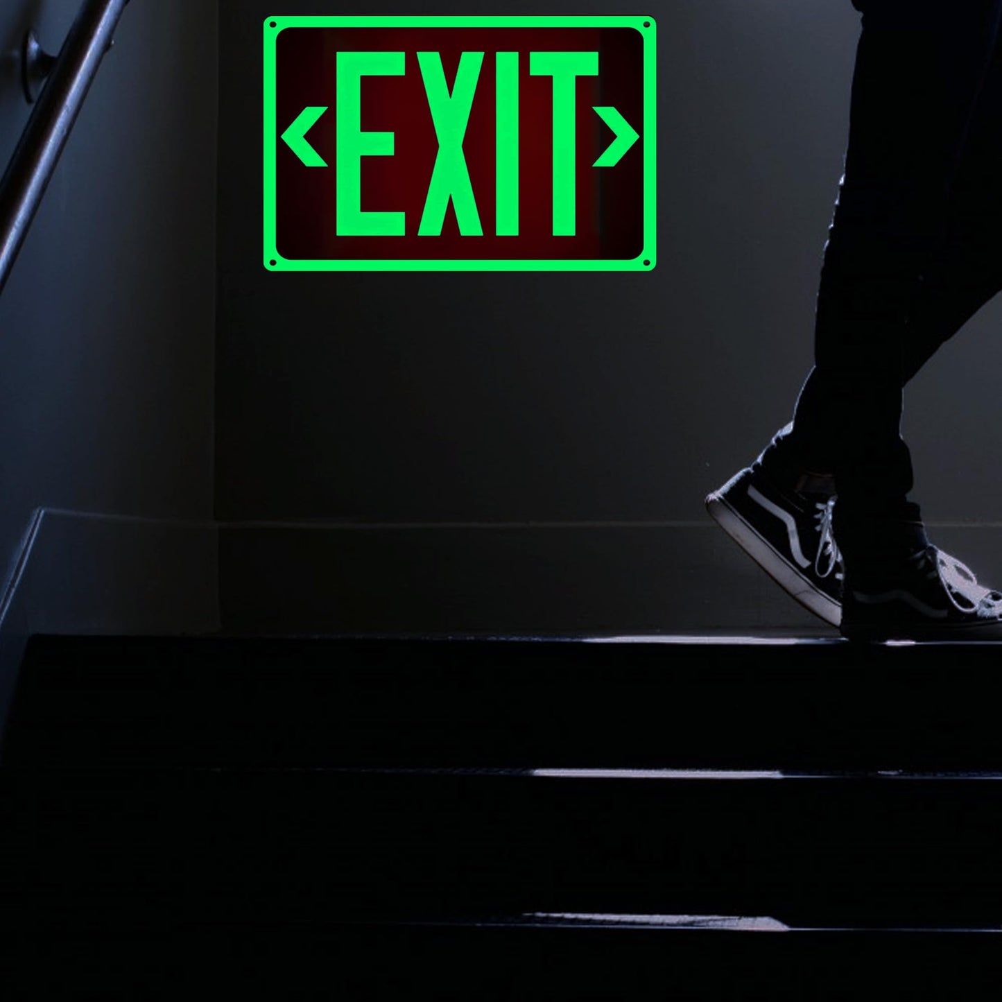 2Pack Photoluminescent Exit Sign Aluminum - 14x10 Inches Glow In Dark Exit Sign with Adhesive Backing - Removable Arrows Included - Non Electrical Red Exit Light For 50 Feet Visibility