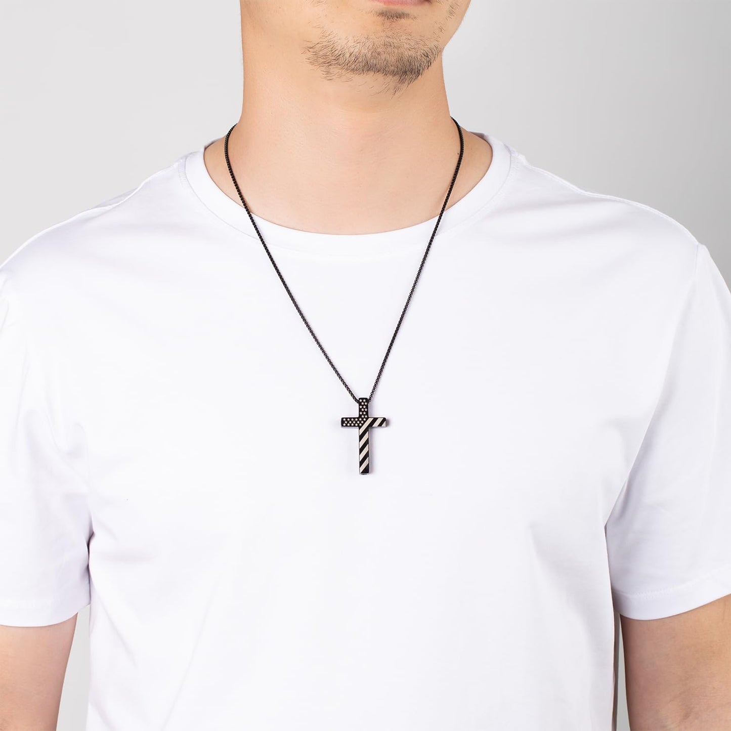 FUNPAR American Flag Cross Breathing Necklace, Stainless Steel Patriotic Jewelry, Inspirational Bible Verse Cross Necklace, Anxiety Relief Items for Men Christian Gift(Black 1:9)
