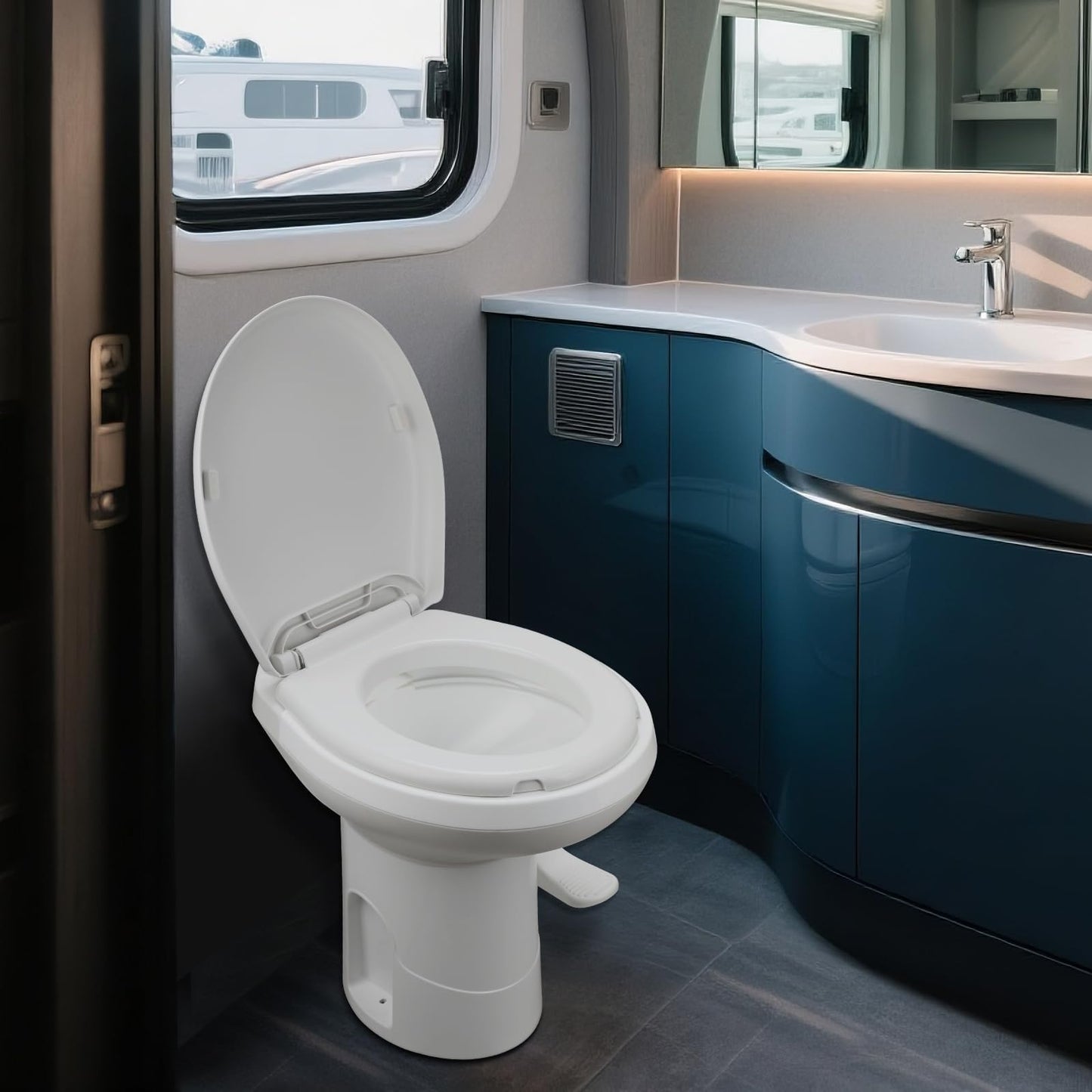 Clirass Efficient Gravity-Flush RV Toilet with Quiet-Close, Triple-Jet Flush with Adjustable Water Level, Standard Height and Foot Pedal for RVs, Trailers, and Campers