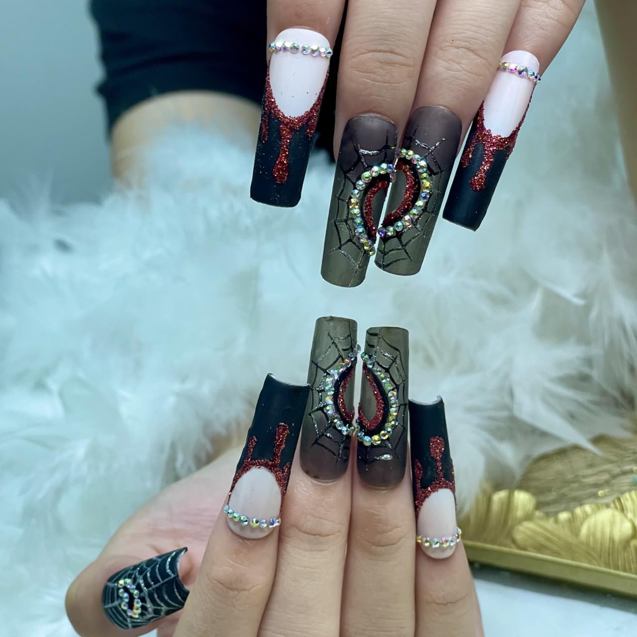 Halloween Press on Nail Handmade 3D Halloween with Rhinestones Fake Nails, False Tip For Women and Girls Full Cover - Haflona (Halloween Heart Size S&M)