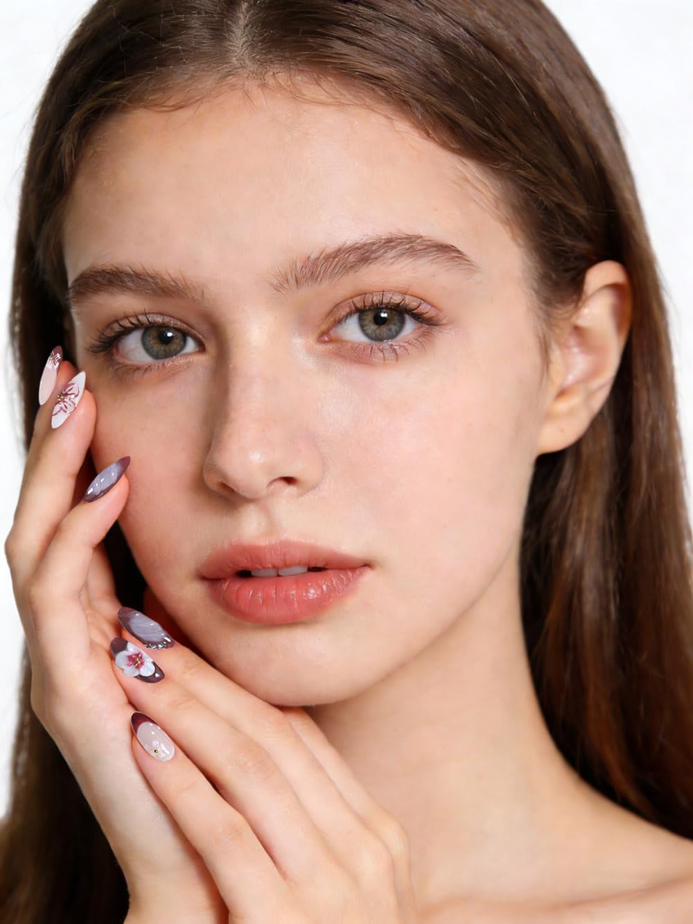 10Pcs Short Almond Handmade Press On Nails | Nude Pink & Burgundy Ombre with 3D Floral & Rhinestone Decor | Reusable Salon-Quality Fake Nails for Women and Girls (251209, XS)