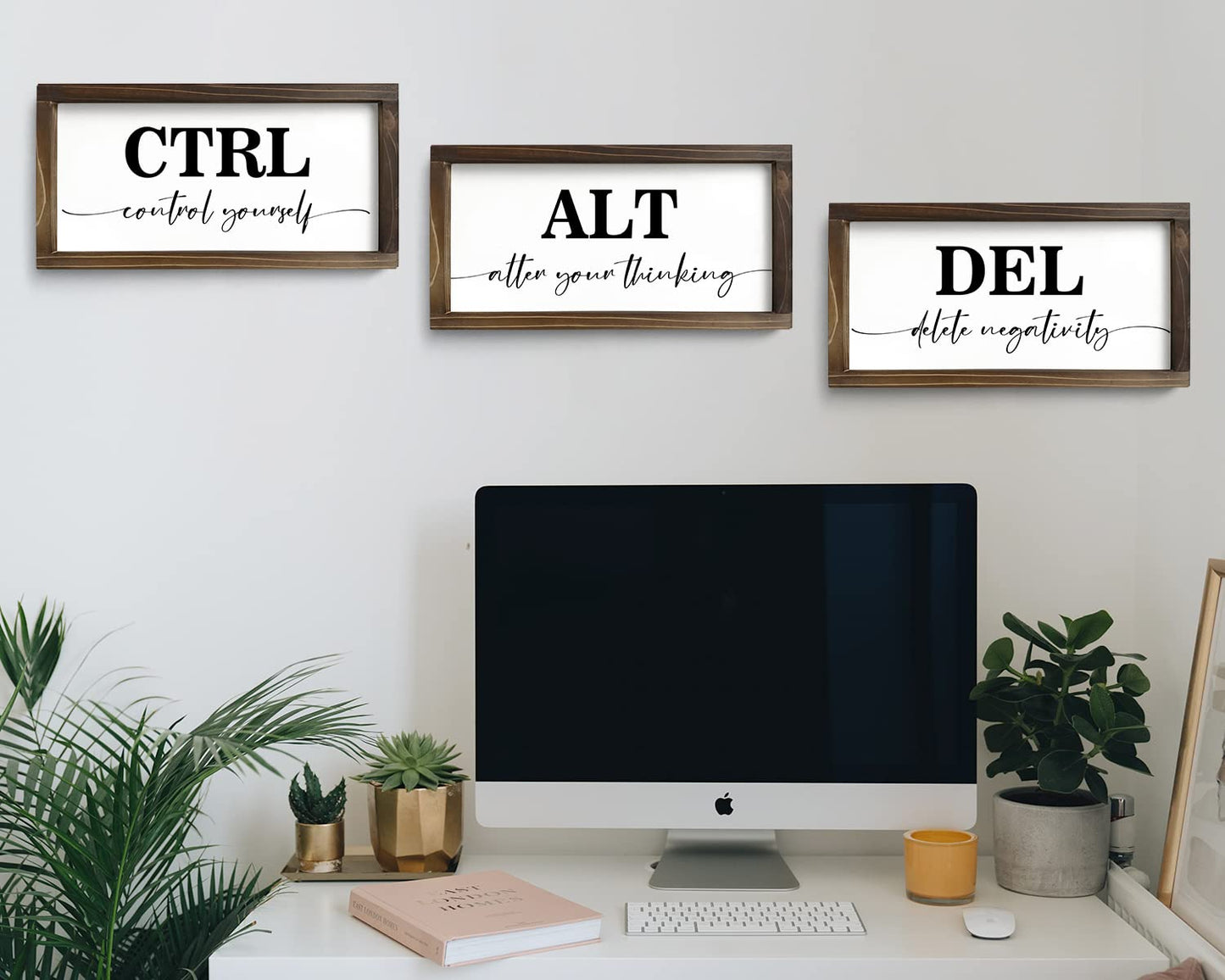 Pinetree Art Motivational Wall Decor for Office, Set of 3 Rustic Wooden Framed Signs, CTRL ALT DEL Inspirational Wall Art for Home Office, Classroom, Desk Wall, Positive Mindset Decor, (6"x12"x3)
