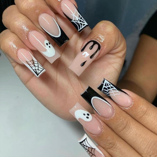 Halloween Press on Nails Long Coffin Fake Nails Cute Ghost False Nails with Designs Spooky Spider Web Glue on Nails Full Cover Nude Acrylic Nail White Black French Tip Nail for Women 24 Pcs