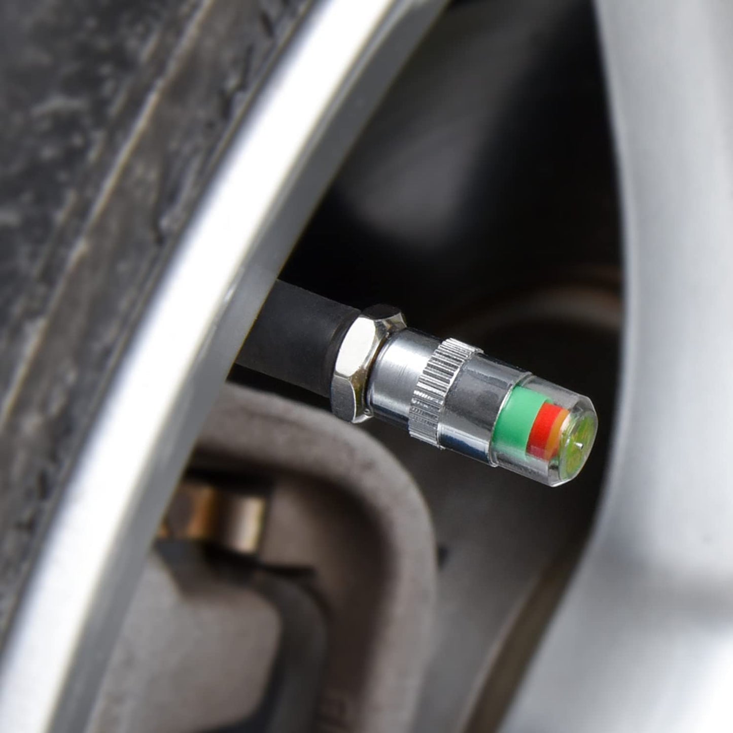 WNCGC 8Pcs Tire Valve Stem Caps, 2.4Bar 35PSI Car Tire Pressure Monitor Valve Stem Caps Sensor Indicator 3 Color Eye Alert, Silver
