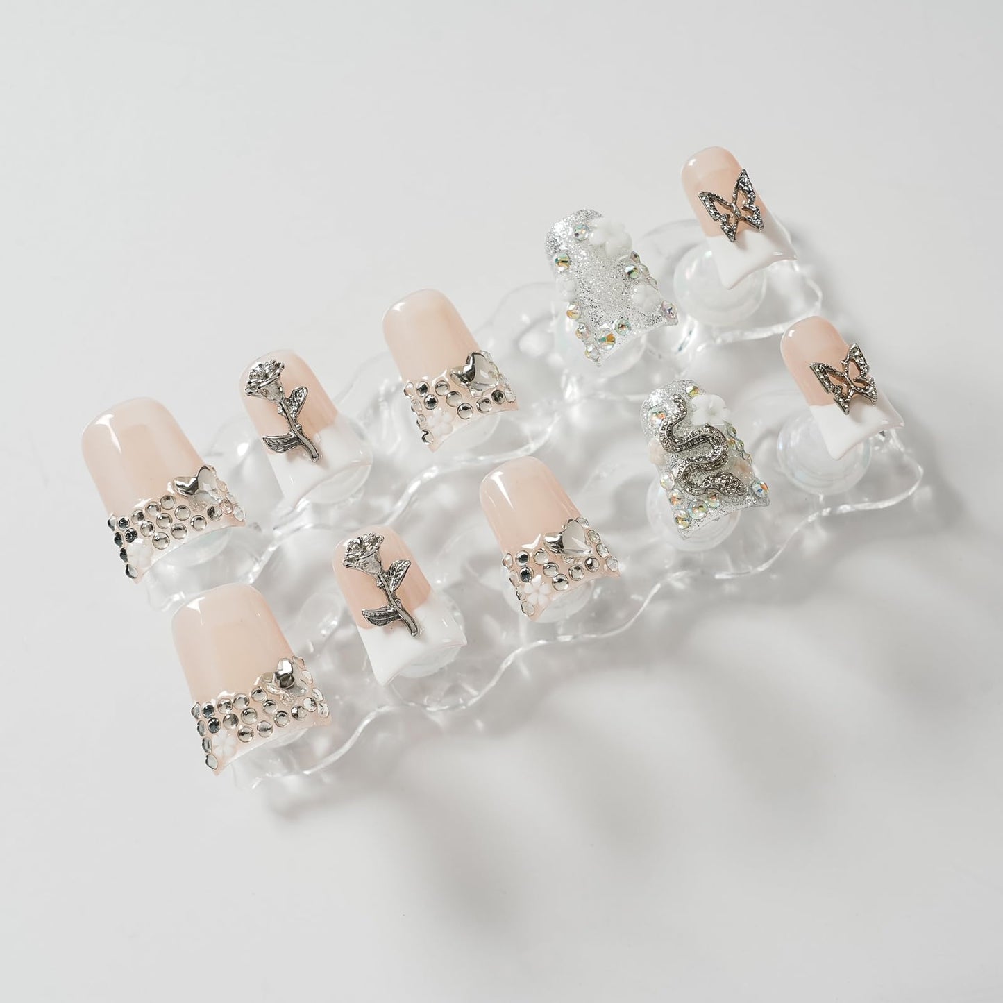 Tesytto Handmade Press on Nails Short Duck White French Tip Thick Acrylic Fake Nails 3D Floral Metallic Rose Butterflies Luxury Rhinestone Design (Silver Ash Butterfly Sheen,M)
