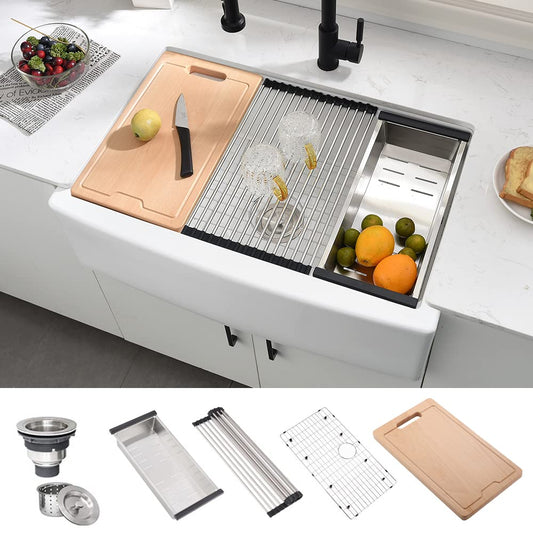 33 Inch White Farmhouse Sink Workstation-Hovheir 33x21 Apron Front Farm Sink White Fireclay Porcelain Ceramic Farmhouse Kitchen Sinks Workstation Deep Single Bowl Farmer Sinks with Cutting Board