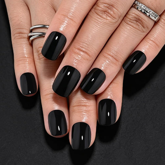 evpct Black Glossy Squoval Short Press on Nails for Women, Black Extra Short Squoval No Glue Stick on Nails with Kit, Reusable Full Cover Soft Press on Acrylic Fake Nail Salon-quality Perfectly Fit