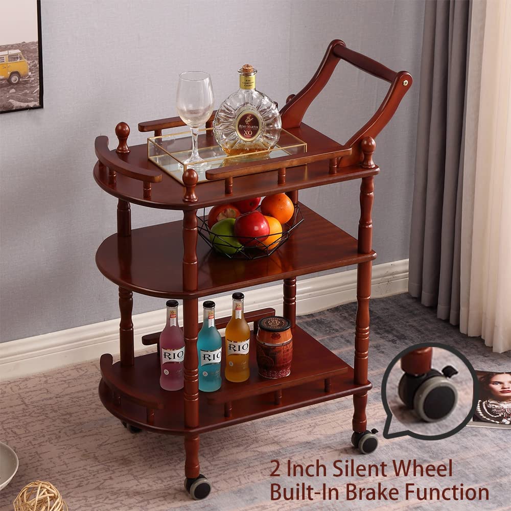 Wiz Conal Entertainment Kitchen Cart, Midcentury Modern Imported rubberwood Brown Finished Wood 3-Tier Mobile Bar Cart Serving Cart