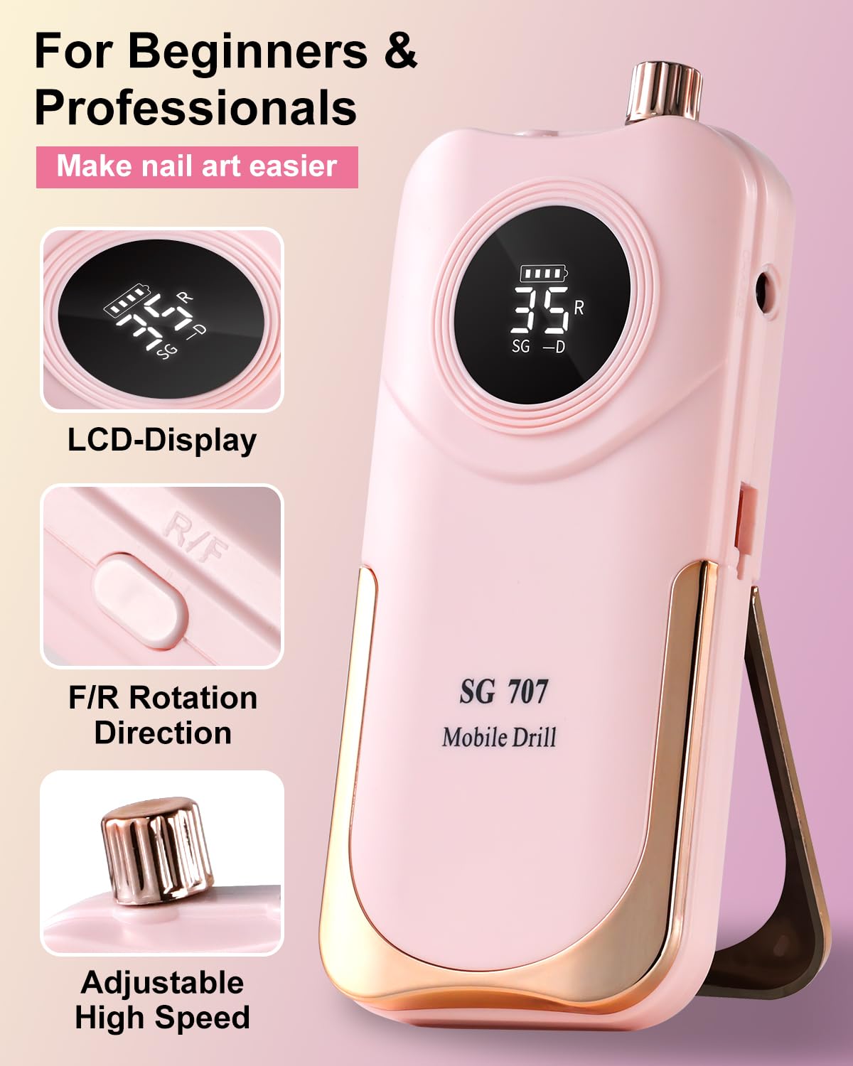 Moskany Professional Electric Nail Drill Kit 35000RPM with 14PCS Bits Pink Portable Rechargeable Cordless File Machine for Acrylic Gel Powder Nails and Manicure Pedicure Toenail Tool Salon Set