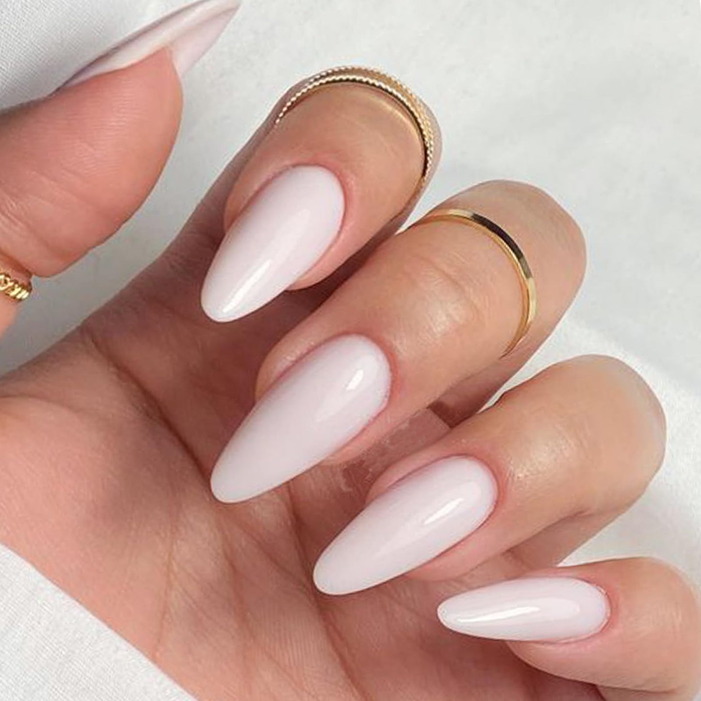 GLAMERMAID Press on Nails Medium Almond, White Ombre Gel False Nails, Glossy Short Stiletto Nude Glue on Nails Kit for Women, Reusable Short Oval Stick on Acrylic UV Finish Fake Nails Manicure Set