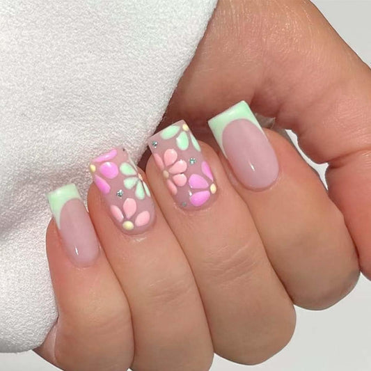 LINMEIZAI Press on Nails Short Square, Pastel Green French Tip Fake Nails Press ons with Pink Petal Designs, Cute Glossy Stick on Nails, Nail Art False Nails, Acrylic Nail Kit for Women Girls, 24 Pcs