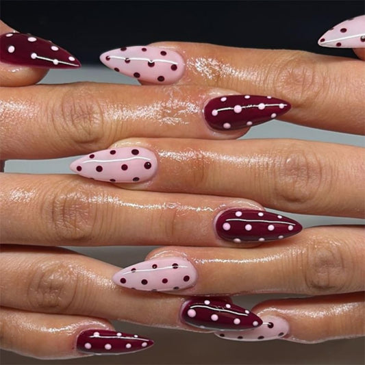 Medium Almond Press on Nails - Light Pink & Red Color Block with Polka Dot, Full Cover Glossy Fake Nails 24PCS for Women