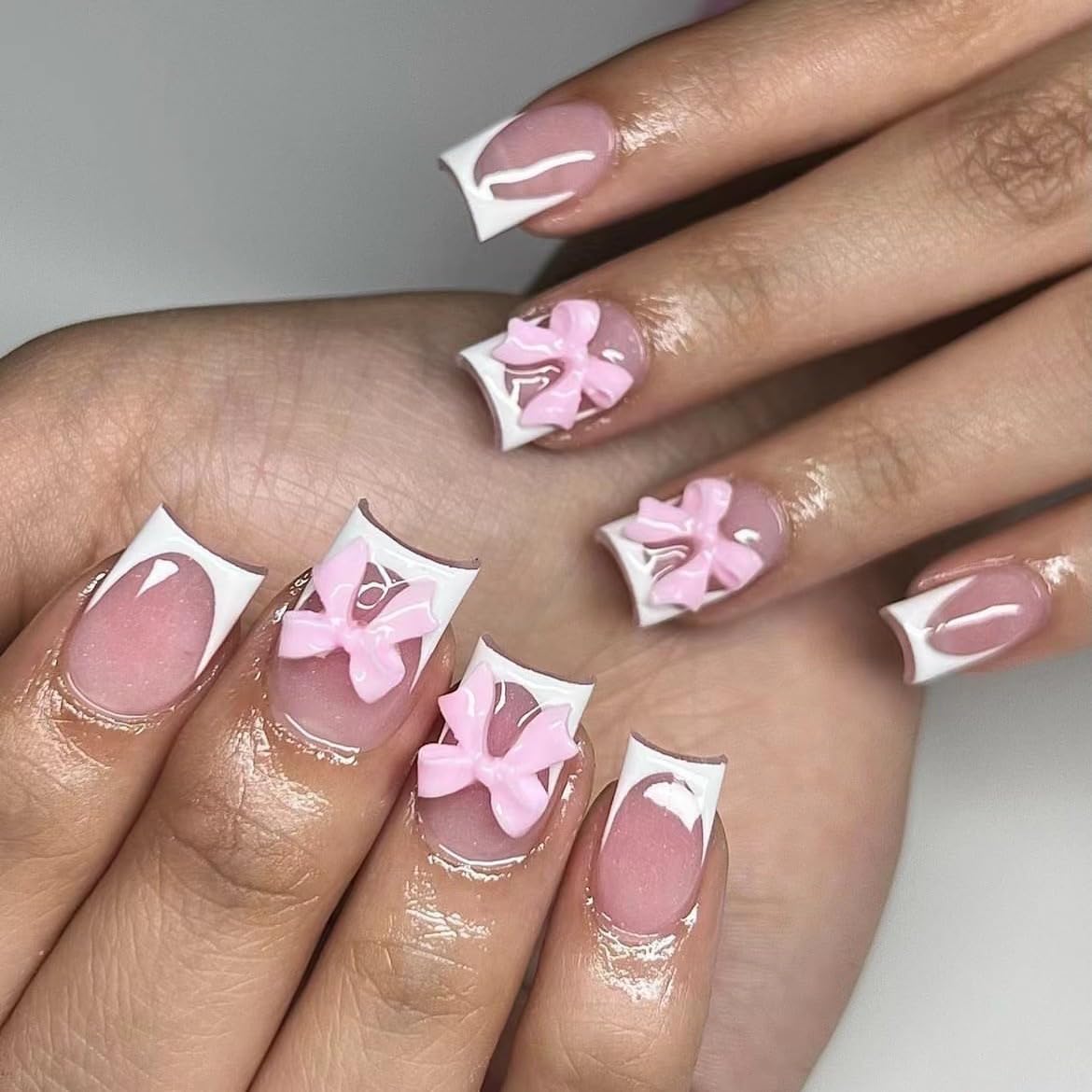 White French Tip Press on Nails Medium - Square Fake Nails with Pink Bow Design - Cute Full Cover Stick on False Nails for Women 24 Pcs