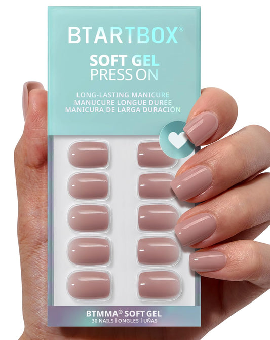 BTArtbox Press On Nails Short - Taro Nude Squoval Fall Press On Nails with Glue for Women, Opaque Soft Gel Glue On Nails in 15 Sizes - 30 Stick On Nails Kit, Clay Kiss