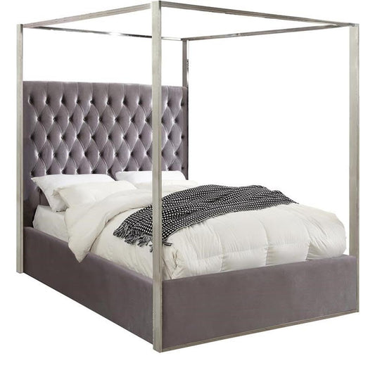 Meridian Furniture Porter Collection Modern | Contemporary Velvet Upholstered Bed with Deep Detailed Tufting and Chrome Canopy, Grey, King