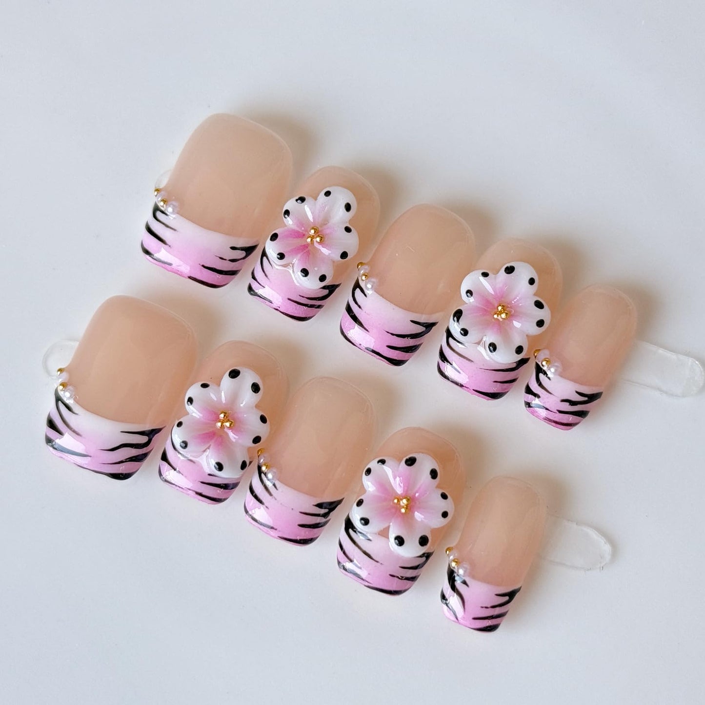 Haozerart Short Square Handmade Press on Nails 10Pcs - Luxury French Style Fake Nails with 3D Floral & Zebra Print, Shiny Cute False Nails for Women and Girls (M Size)