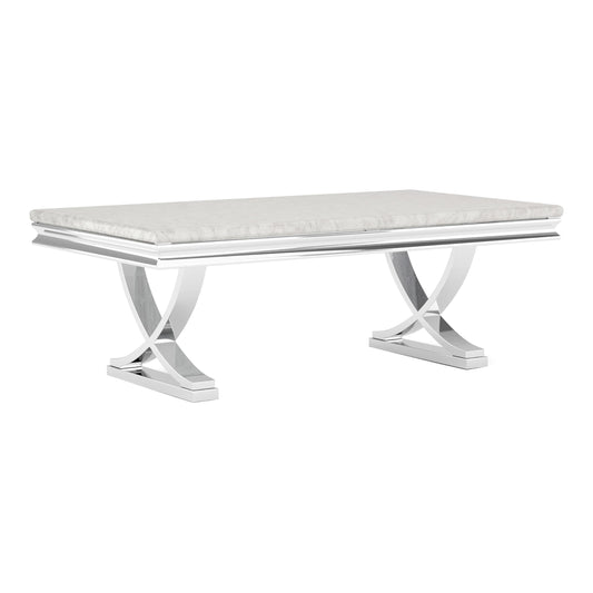 Furniture of America Obera 18mm Faux Marble Top Coffee Table with X-Shaped Base, Metal Construction, Home Décor for Living Room, Lounge Area, Office, Chrome