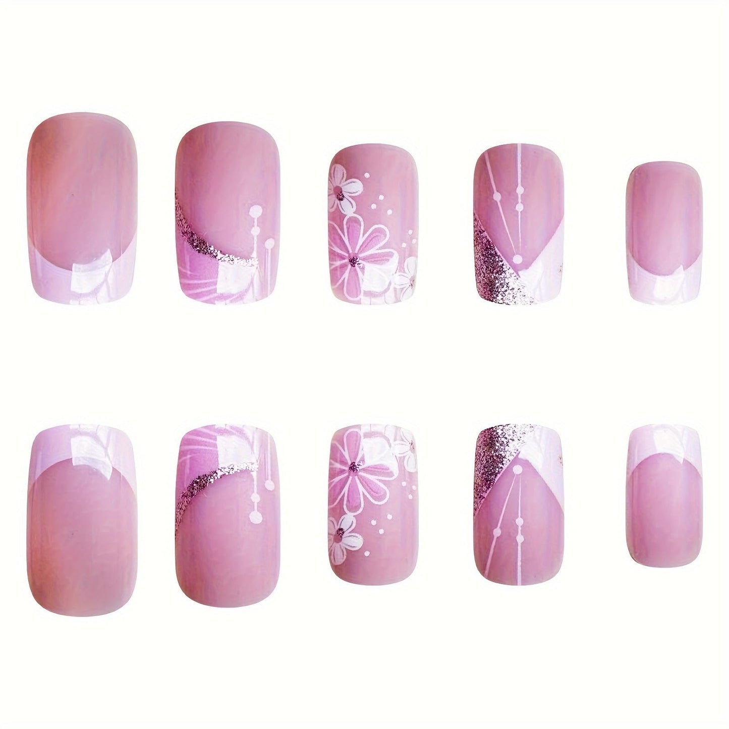 French Tip Press on Nails Short Square Fake Nails Pink Flower False Nails with Design Glitter Line Glue on Nails Full Cover Acrylic Nails Stick on Nails for Women Girls Manicure 24 Pcs