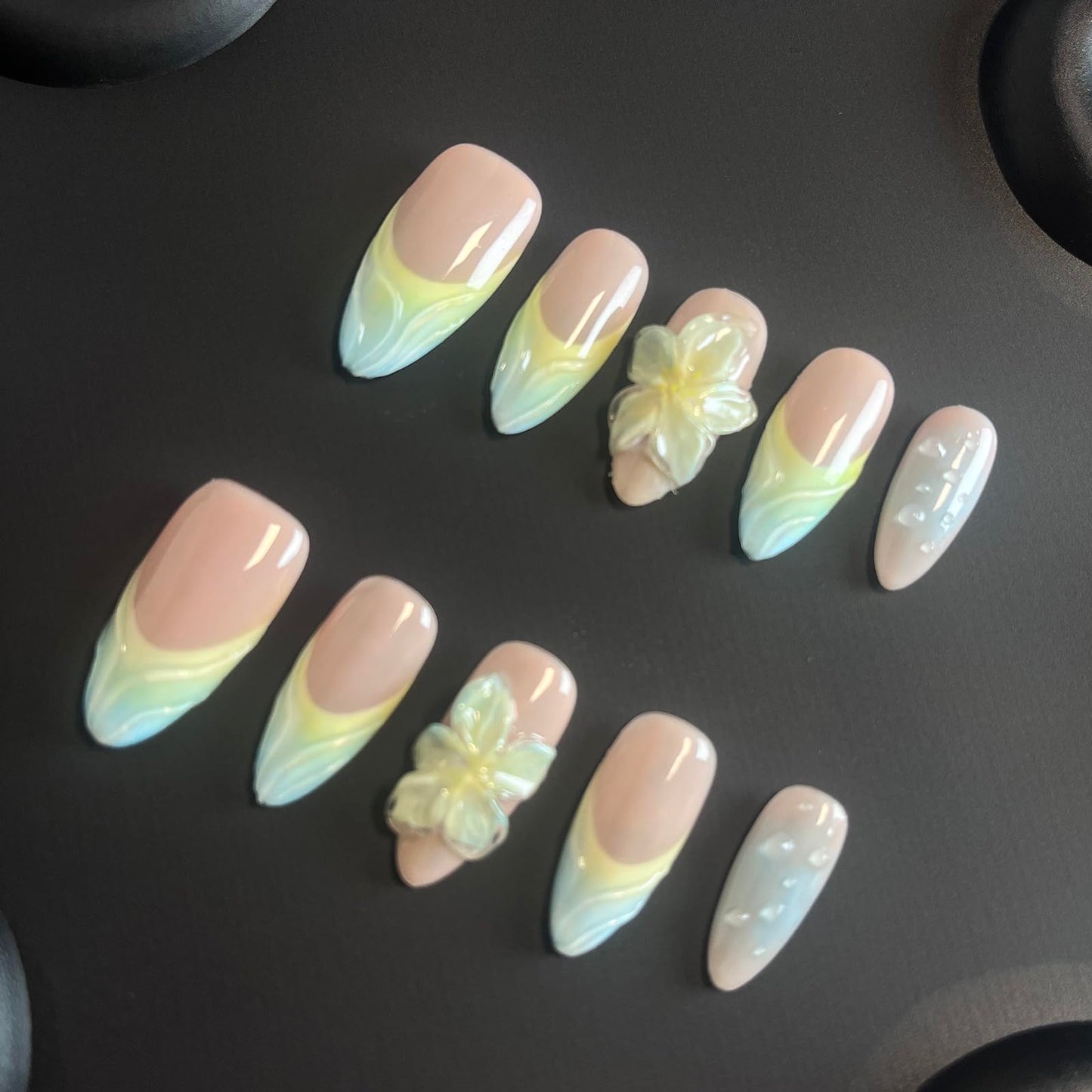 Luxury Press on Nails Medium Almond Handmade 3D Unique Reusable ABS Material Fake Nails Yellow&Blue False Nails with Designs Flower Water Drop Art Petal Glossy Glue on Thick Acrylic Nails(S)