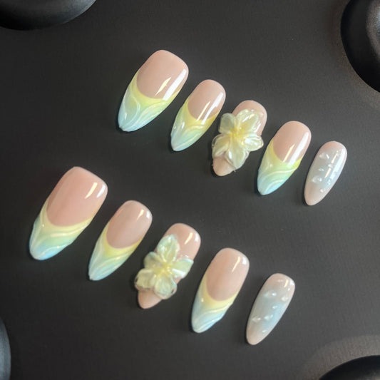 Luxury Press on Nails Medium Almond Handmade 3D Unique Reusable ABS Material Fake Nails Yellow&Blue False Nails with Designs Flower Water Drop Art Petal Glossy Glue on Thick Acrylic Nails(S)