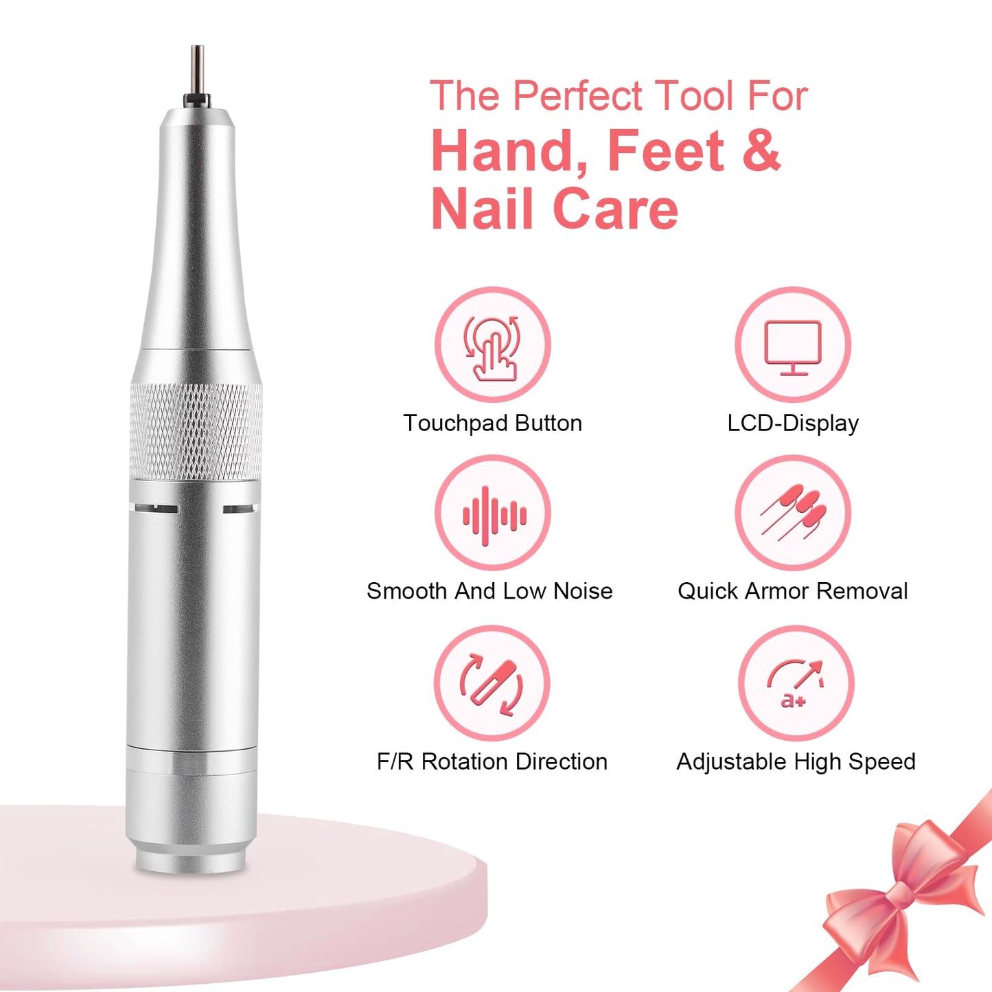 Electric 45000RPM Nail Drill Machine Rechargeable Portable Nail File Electric DIY Nail Drill Kit with Smart LCD Screen for Gel Nail Manicure and Pedicure Reflective Body etc (Yellow)