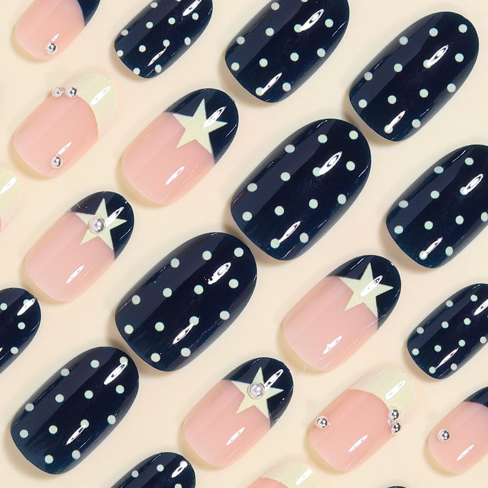 Yellow Polka Dot Press on Nails Medium Almond Fake Nails Star False Nails French Tips Nail Press ons with Rhinestones Glue on Nail Blue Full Cover Acrylic Nail Press ons for Women Manicure 24pcs