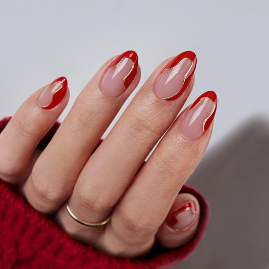 BTArtbox French Tip Press On Nails - Short Almond Red Press On Nails with Glue and Adhesive Tabs for Women in 16 Sizes - 32 Soft Gel Glue On Nails Kit, Wildfire Waves
