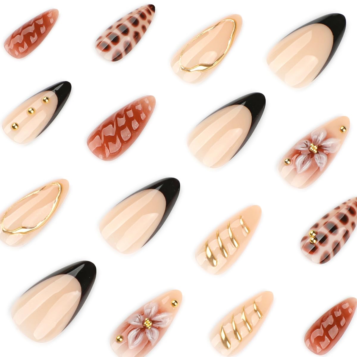 Brown Gold Press on Nails Medium Almond Fake Nails Press ons with Flower,Gold Lines,Crocodile Design Reusable Artificial Full Cover Glue on Nails for Women Fall Winter Manicure 24Pcs