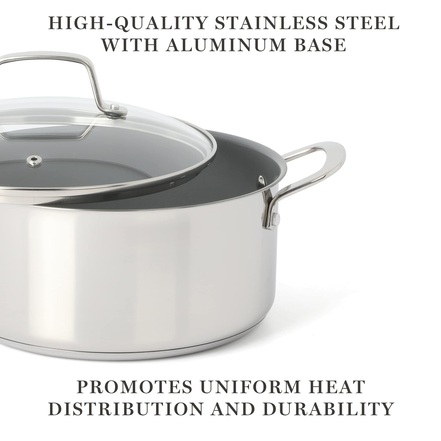 Martha Stewart Delaroux 10 Piece Stainless Steel Pots and Pans Kitchen Cookware Set w/PFAs Free Premium Nonstick Ceramic Interior