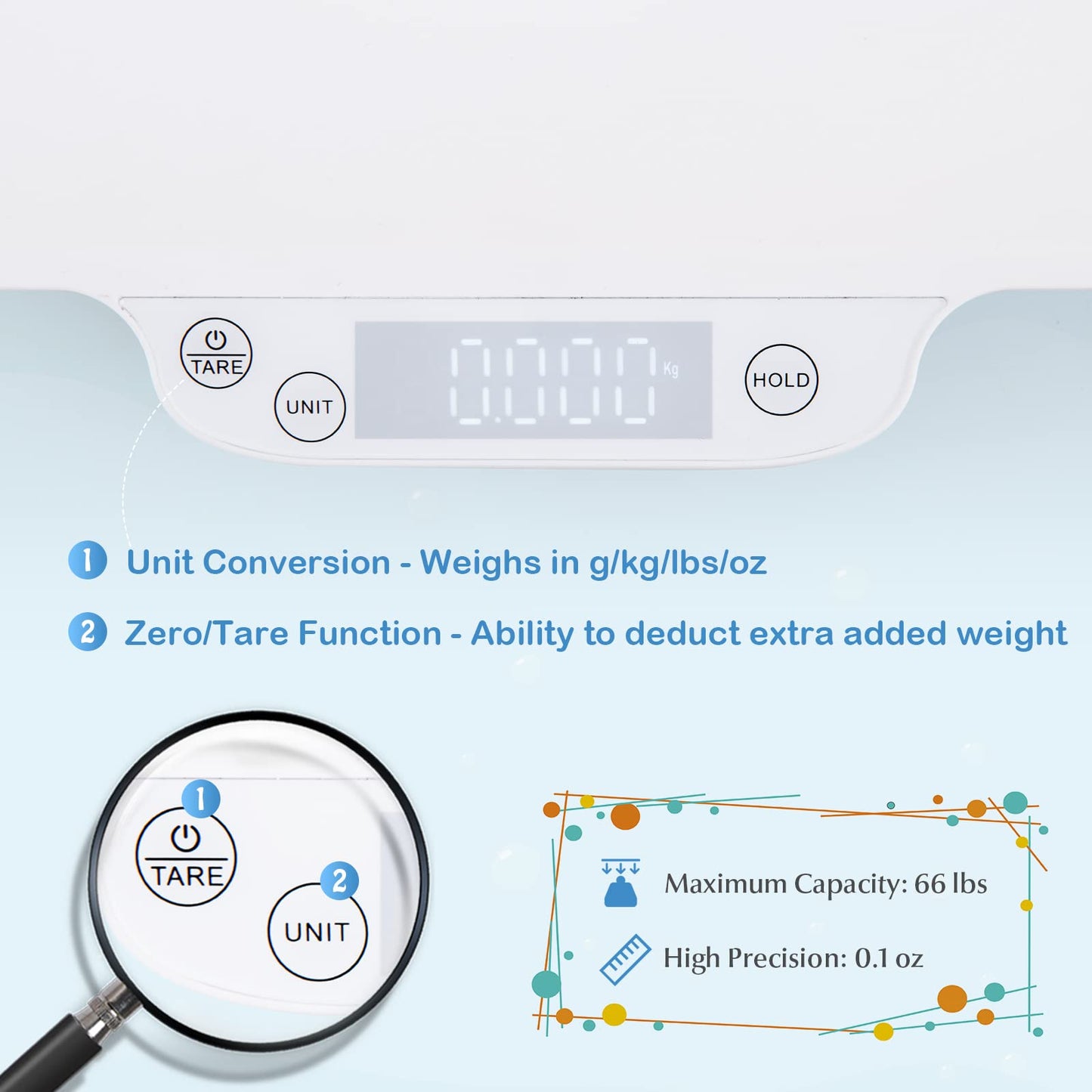 BABY JOY Baby Scale, Multifunctional Pet Scale with Digital LED Display, 4 Weighing Modes, Curved Tray, Rubber Feet, Weighing Scale for Newborn, Animals, High Precision at 0.1oz, Max Weight 66lbs