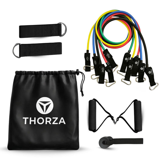 THORZA 11-Piece Full Body Strength Training with Resistance Bands Set - 5 Levels Tube Exercise Bands, Without Latex TPE Resistance Band - Door Anchor, Handles, Ankle Straps & 1 Bag