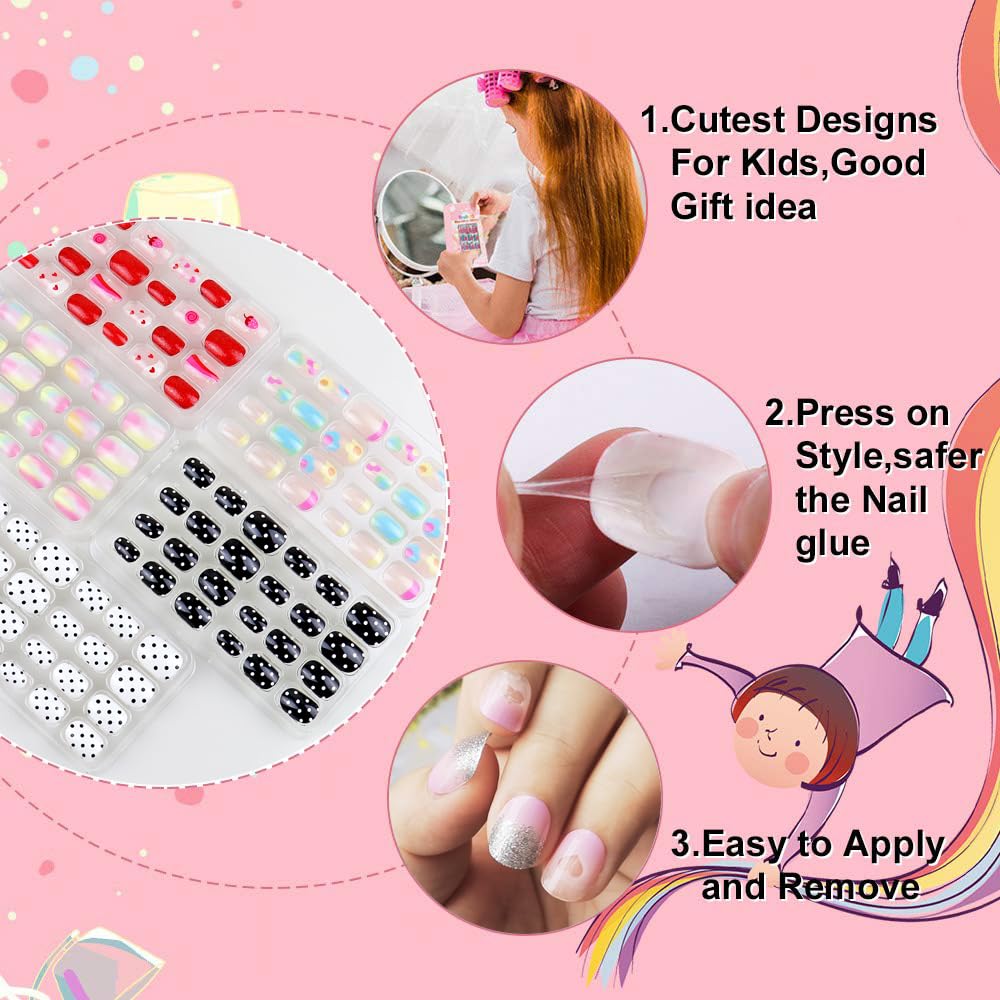 120 Pieces Fake Nails for Girls Black White Polka Dots Kid Nails Press on Pre-glue Children Artificial False Nails Short Oval Full Cover Acrylic Stick on Nail Tips Kit for Women