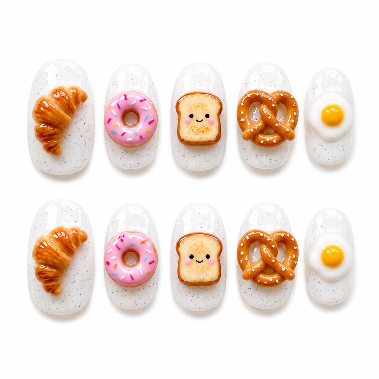 Press On Nails Oval Short, Handmade White Glitter Acrylic Fake Nails, Kawaii 3D Breakfast Food Cute Design, Reusable Glossy, Custom Made to Order