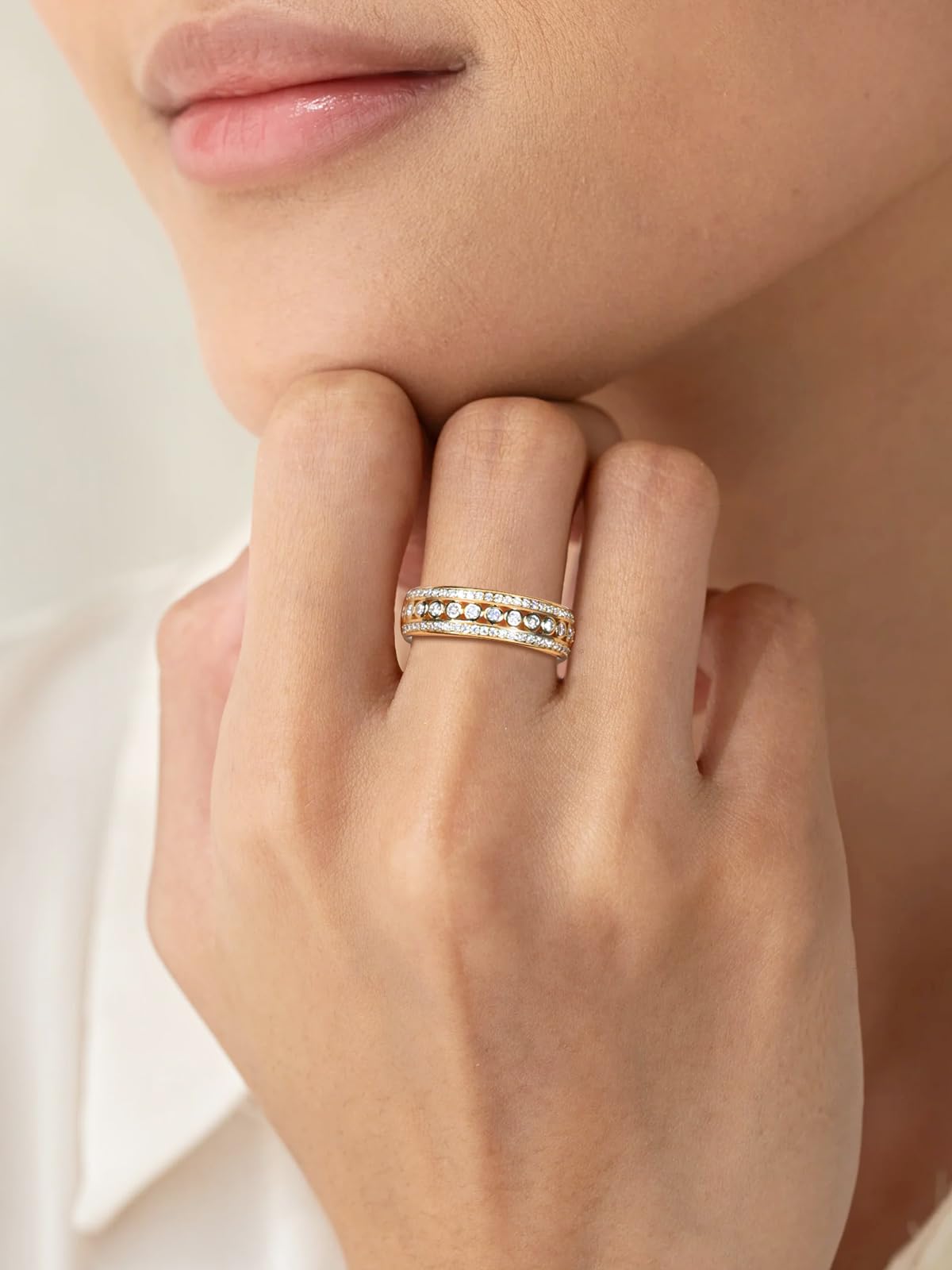 Frbod Eternity Diamond Band for Women Shinning Moissanite Wedding Rings Chunky Silver Gold Plated Ring Size 7