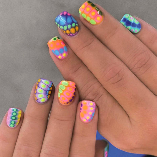 Bright Summer Press on Nails Short Square,Blooming gel Rainbow Fake Nails Colorful False Nails Press ons with Design,Reusable Artificial Nails Full Cover Stick on Nails for Women Manicure 24 Pcs