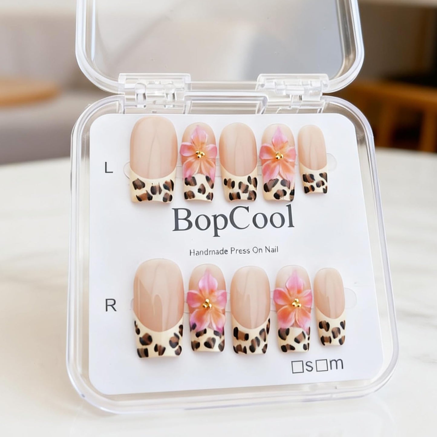 Nude Pink Handmade Press On Nails – Long Coffin French Leopard Print & Floral Rhinestone Design | Thick Acrylic Full-Coverage False Nails Spring Pattern (M-10PCS)
