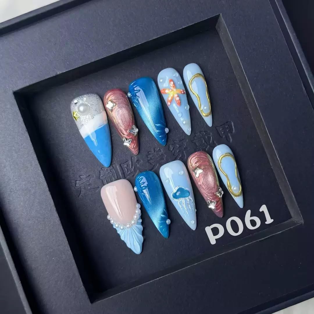 Press On Nails Long Stiletto Handmade Fake Nails with Starfish Design Ocean Glue on Nails Becah False Nails Ombre Blue Summer Handmade Nails Reusable Full Cover for Women Girls Manicure 10PCS Size M