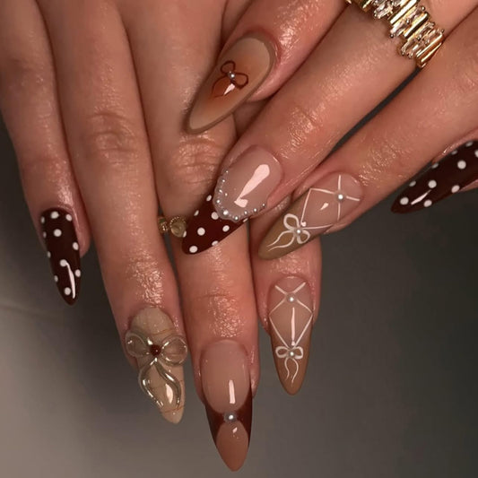 plalely Stiletto Press on Nails Long Brown Fake Nails Embossed Flowers Stick on Nail Tips for Women 24pcs