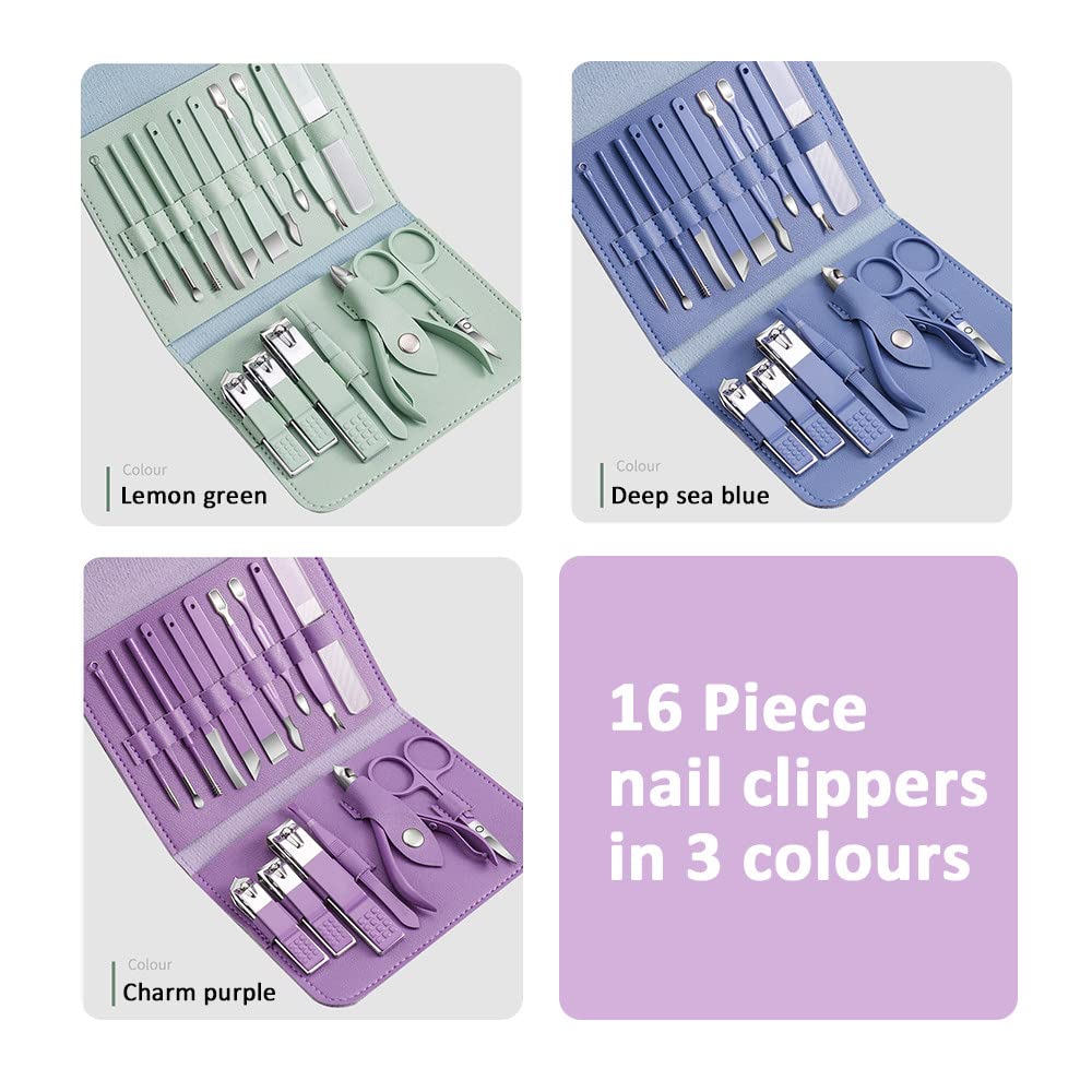 16pcs Manicure Set With PU Leather Case Nail Clippers Kit Pedicure Care Tools Nail Care Scissors Clippers Trimmer Nail Art Tools,New Green
