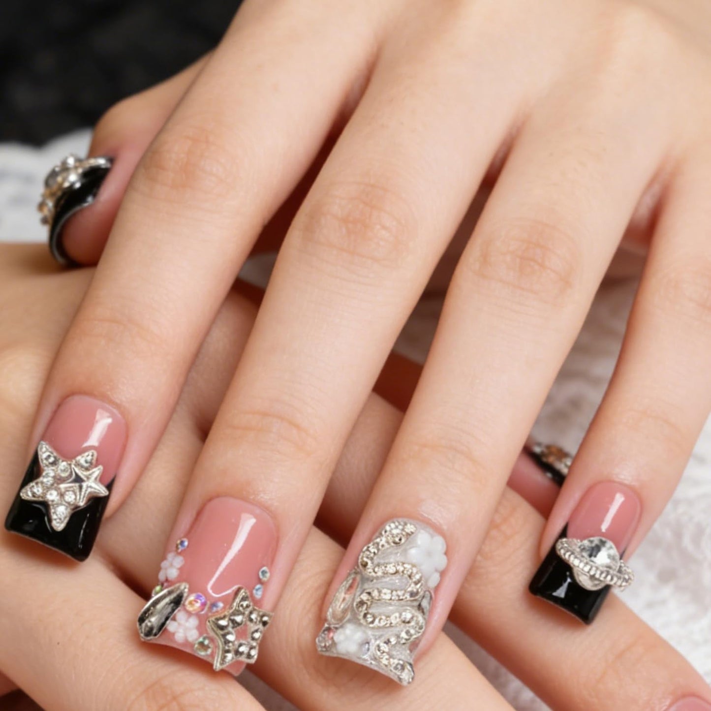 Handmade Press on Nails 3D Flower Nail Art Fake Nails Luxury Handmade Rhinestone & Stars Black French Tip Short Duck Acrylic Nail with Flower Design Thicked Stick on Nail for Women (S)