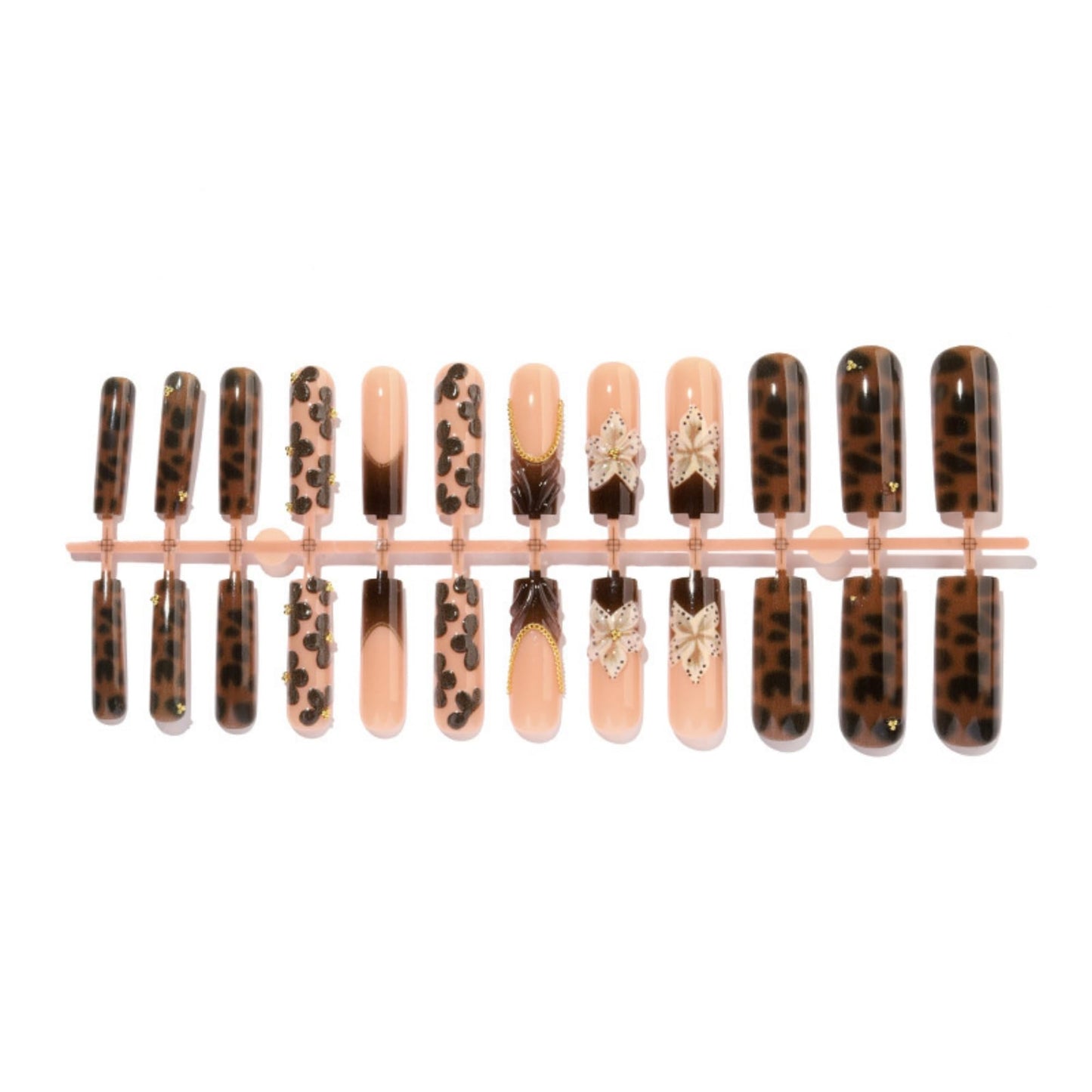 OCTOSWAVE Press on Nails Long Square Fake Nails Leopard Print 3D Flower Design Brown French Tip False Nails for Women Daily Wear Party 24 Pcs with Manicure Tools