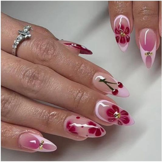 Taoyisent 3D Cherry Blossom Press On Nails, Rhinestone Floral Design Pink and Red Almond False Nails, Glossy Long Stick On Nails for Women, 24Pcs 3D Nail Kit