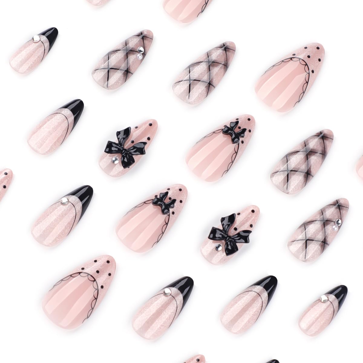 Black Press on Nails Medium Almond Fake Nails Cute Nails Press ons with Polka Dots,Black Bows,Plaid Design Glitter Reusable Artificial Nail Full Cover Glue on Nails for Women Manicure 24Pcs