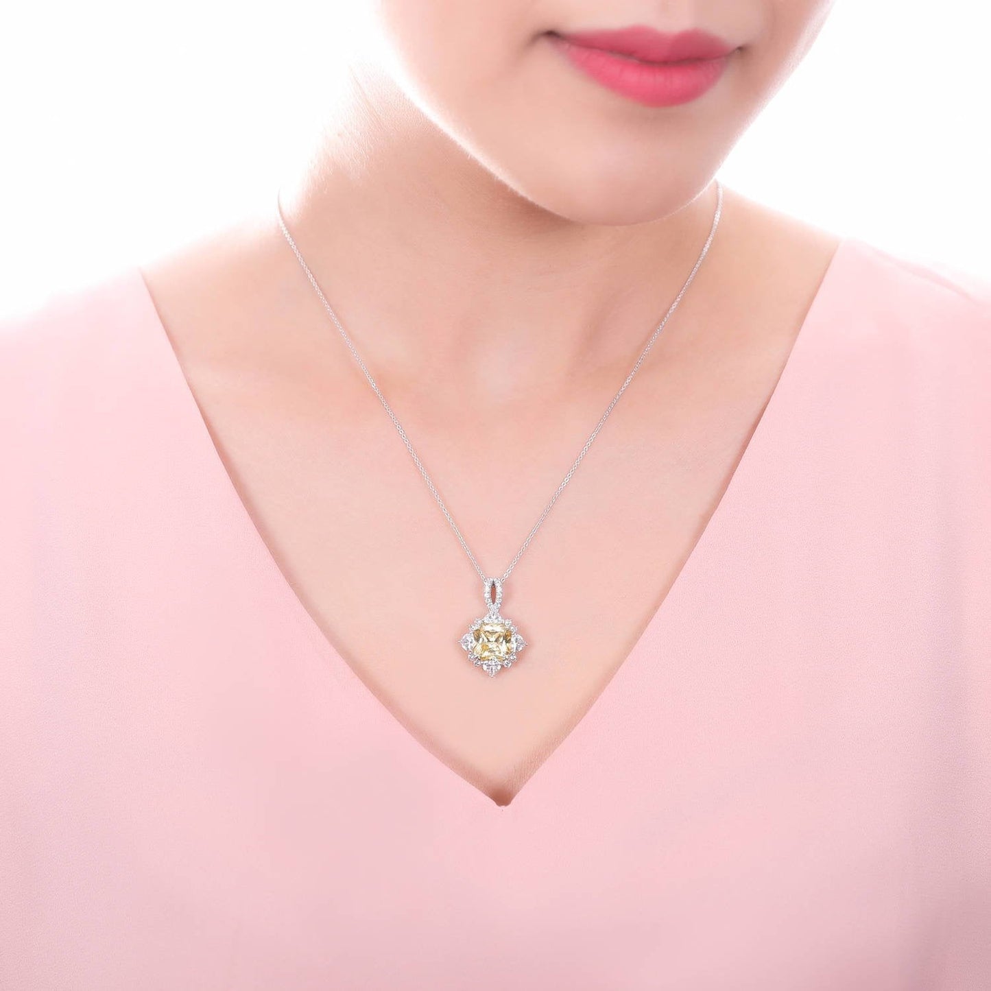 BERRICLE Sterling Silver Halo Canary Yellow Cushion Cut Cubic Zirconia CZ Flower Fashion Necklace and Earrings Set for Women, Rhodium Plated
